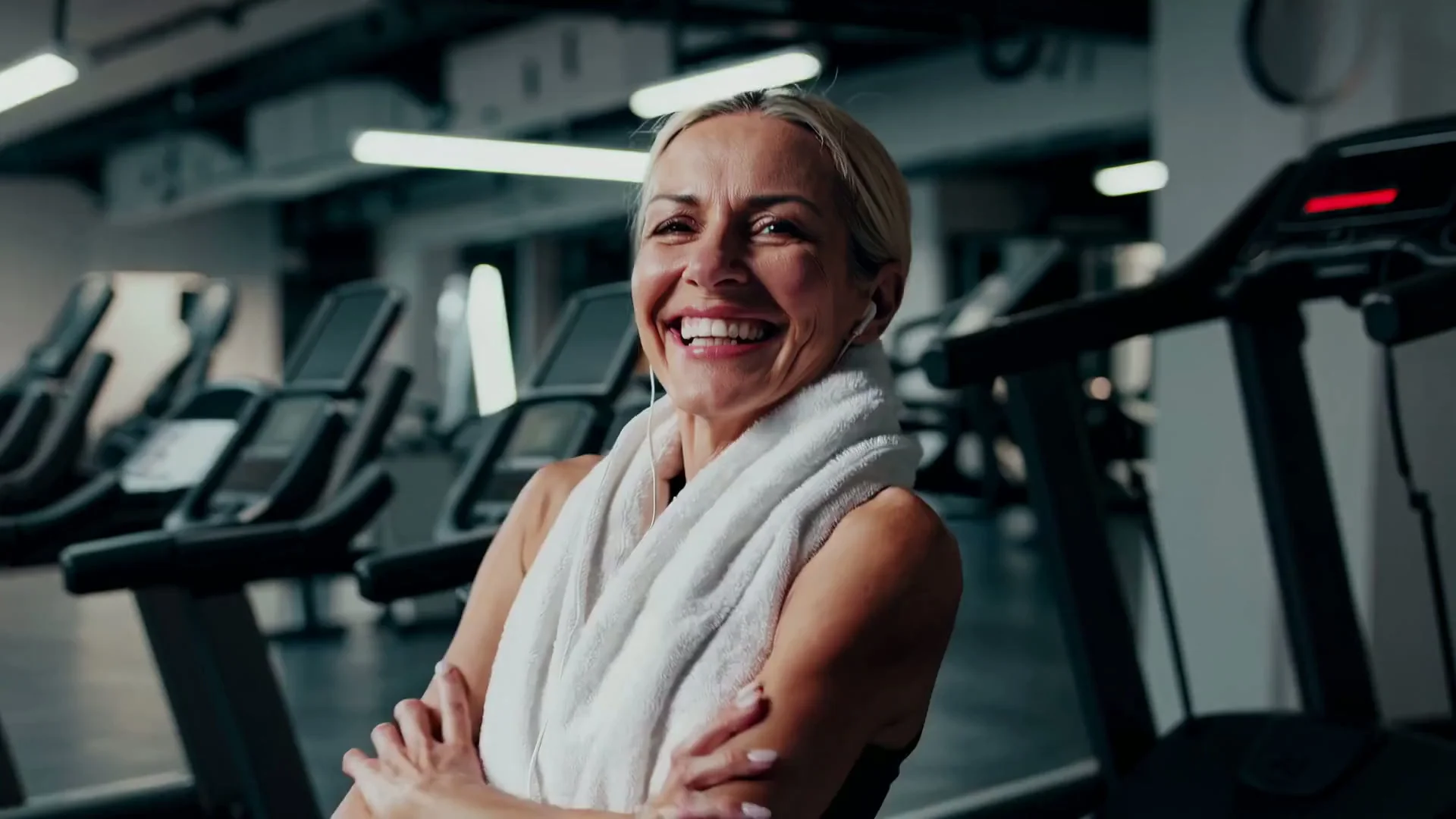 Frau mit Kopfhörern lächelt im Trainingsbereich des LifeForce Fitnessstudios